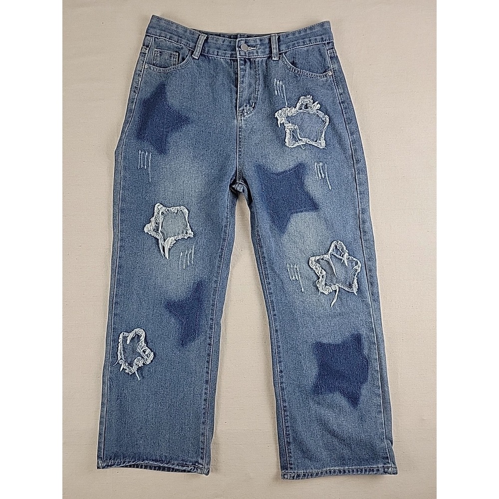 Women's Size 8 Star Patch Distressed Straight Leg Jeans Blue Denim Mid Rise